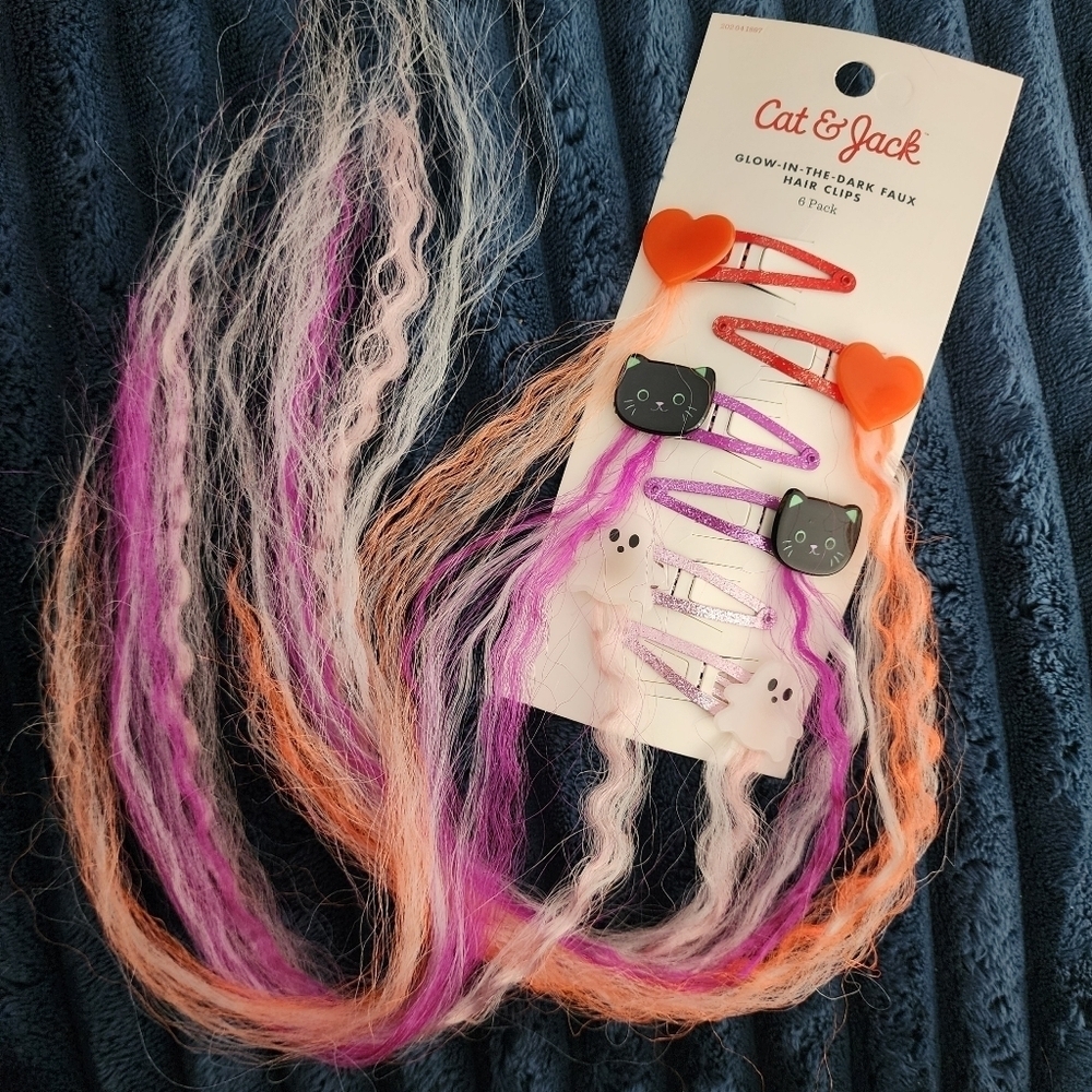 NWT Cat & Jack Halloween Glow-in-the-Dark Hair Clips 6 Pack Colorful Extentions